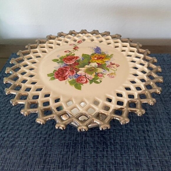 Vintage Cake Plate Stand Shabby Chic Floral Lattice - Picture 3 of 6